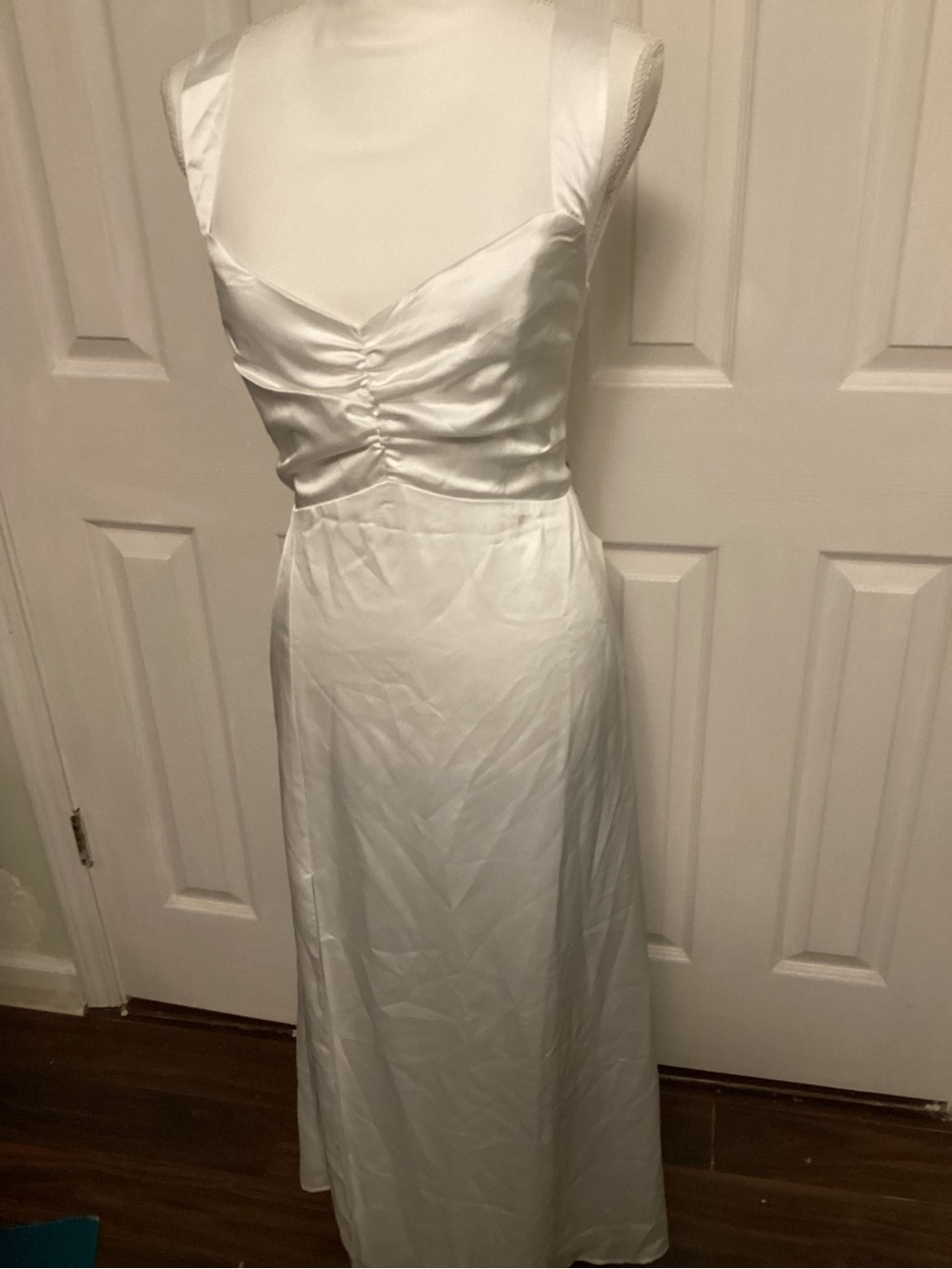 Mumu Sleeveless White Satin Maxi Dress with Ruched Bodice